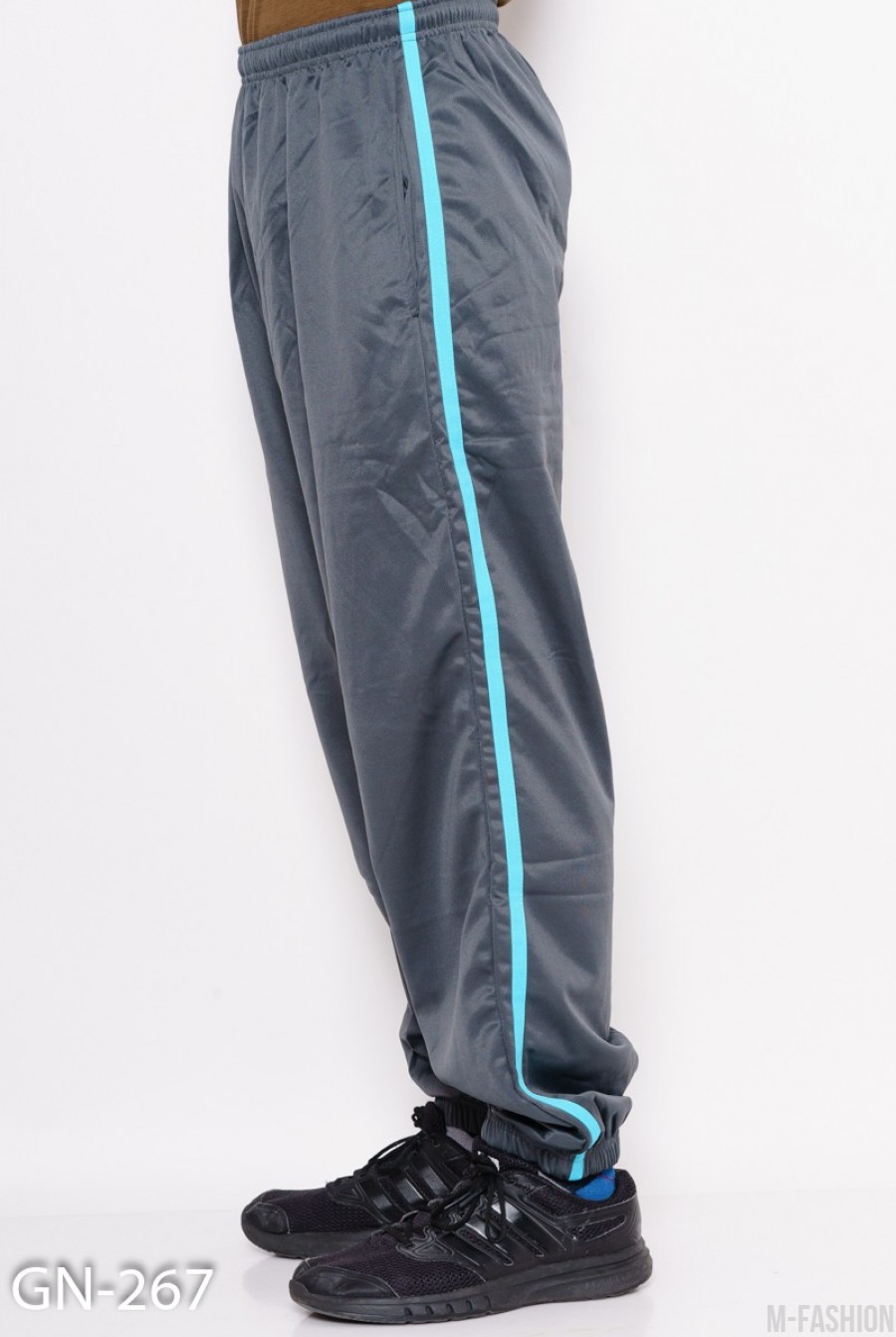 Серые свободные спортивные штаны с бирюзовыми лампасами- Фото 2