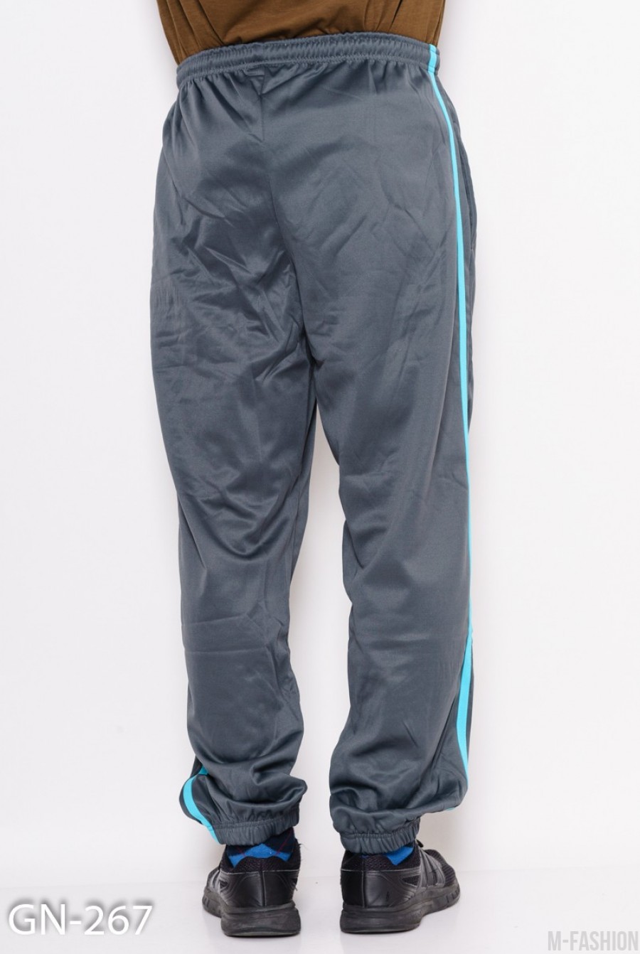 Серые свободные спортивные штаны с бирюзовыми лампасами- Фото 3