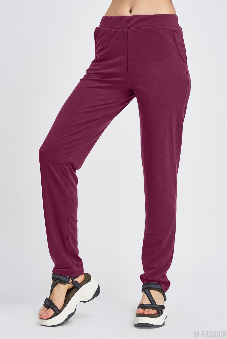 Бордовые трикотажные штаны с карманами - Фото 1