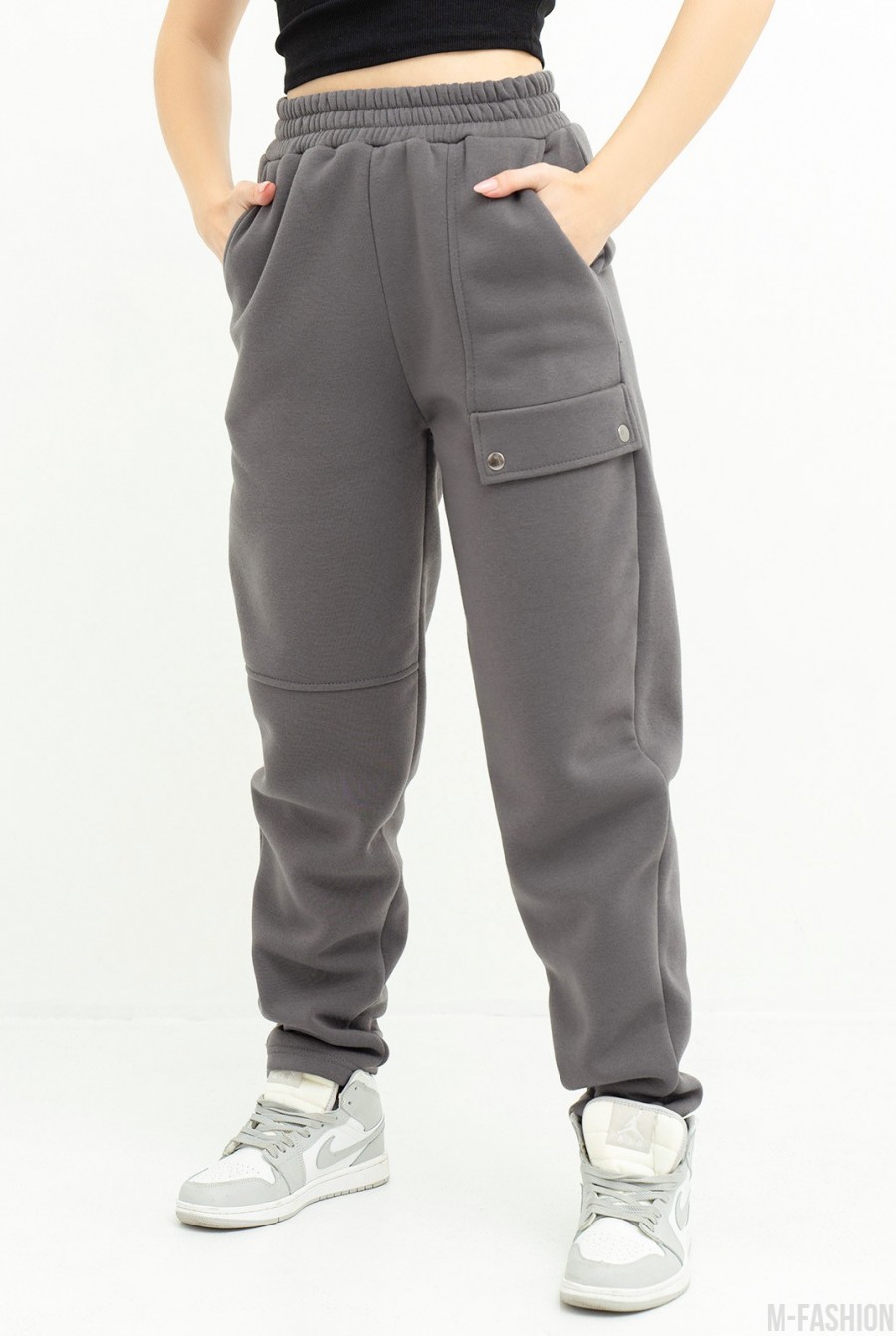 Серые теплые спортивные штаны с клапаном - Фото 1