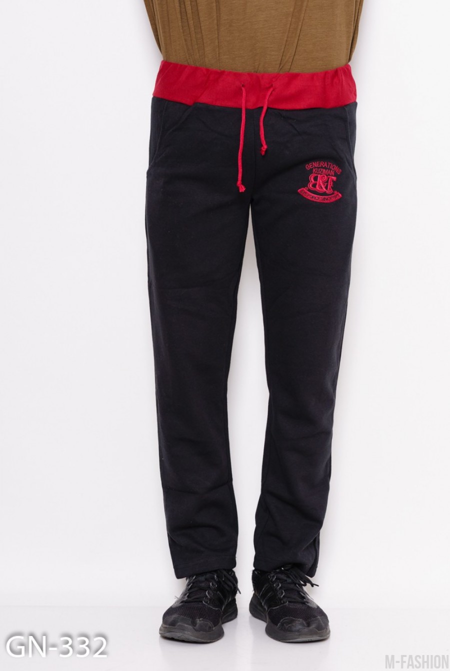 Черно-бордовые трикотажные спортивные штаны с аппликацией - Фото 1