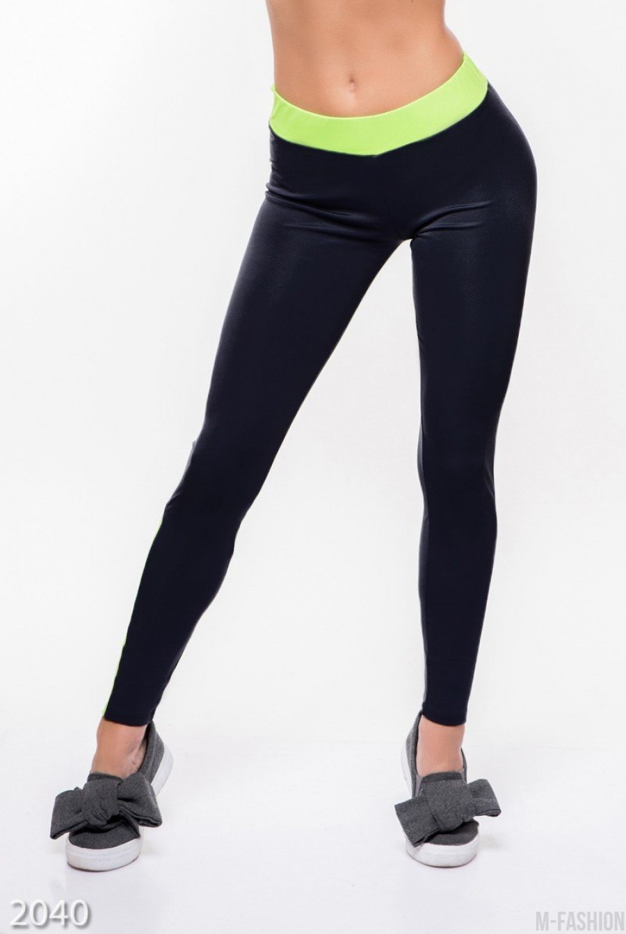 Черные с салатовыми вставками узкие спортивные штаны из эластика- Фото 2