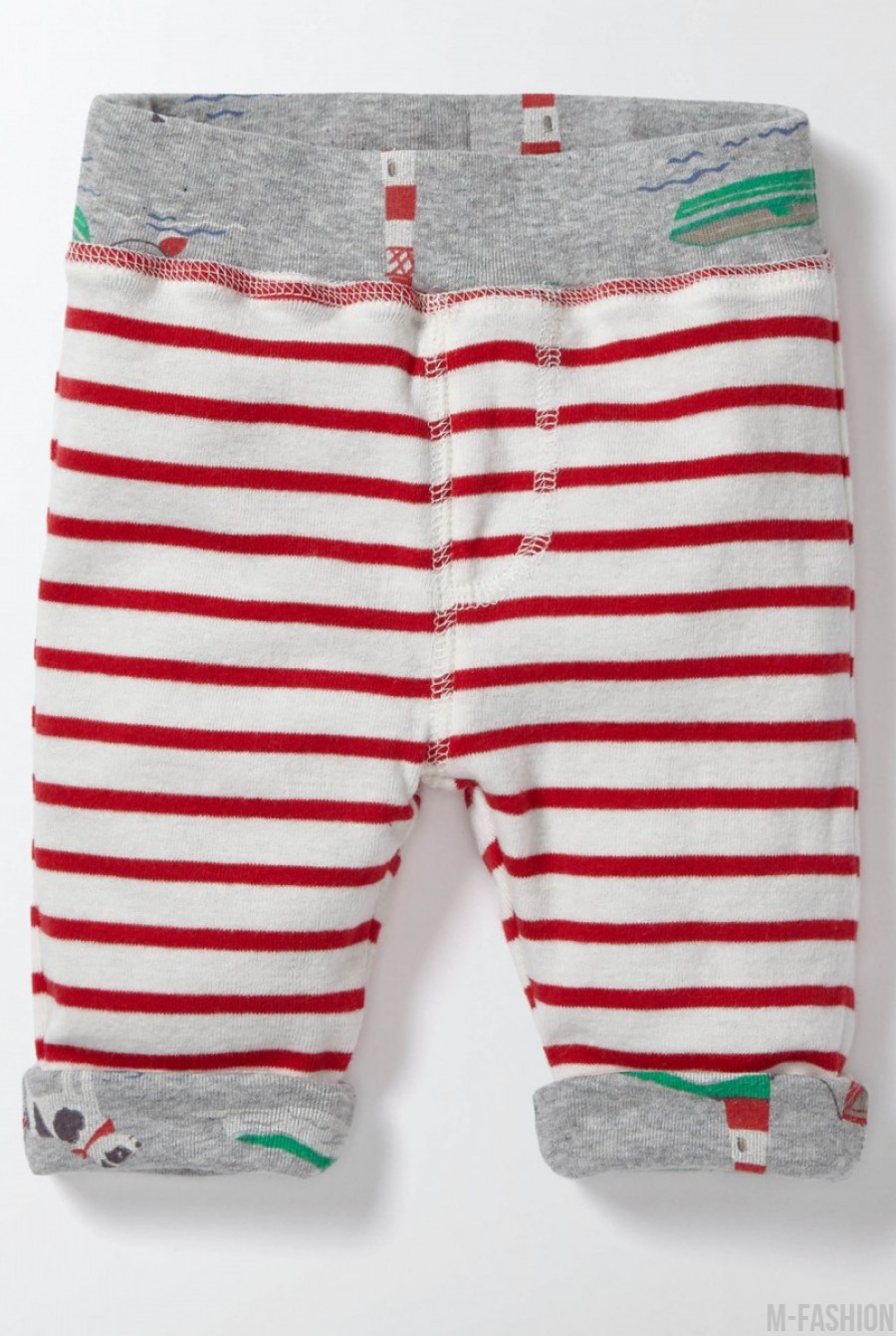 Белые котоновые штаны в красную полоску с подворотами - Фото 1