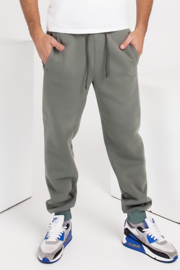 Утепленные флисом спортивные штаны цвета хаки с манжетами