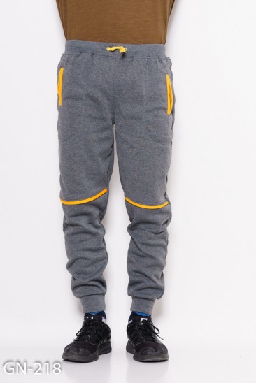 Серые трикотажные спортивные штаны на флисе с манжетами и контрастными вставками
