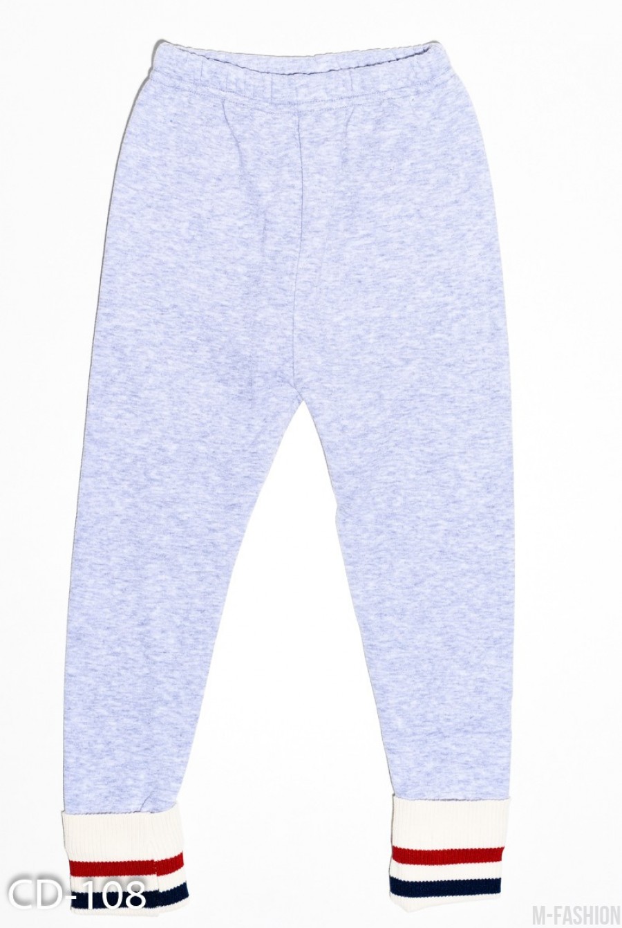 Теплые серые спортивные штаны из трикотажа на меху с широкими полосатыми манжетами- Фото 2
