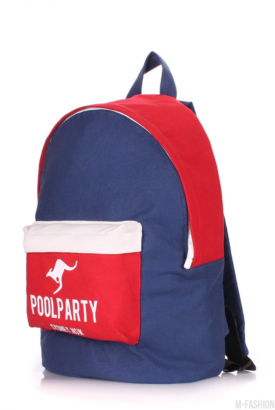 Синий рюкзак из хлопка с ярко-красным накладным карманом- Фото 2