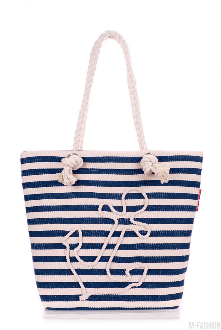 Сине-белая сумка из коттона с декоративным шнурком - Фото 1