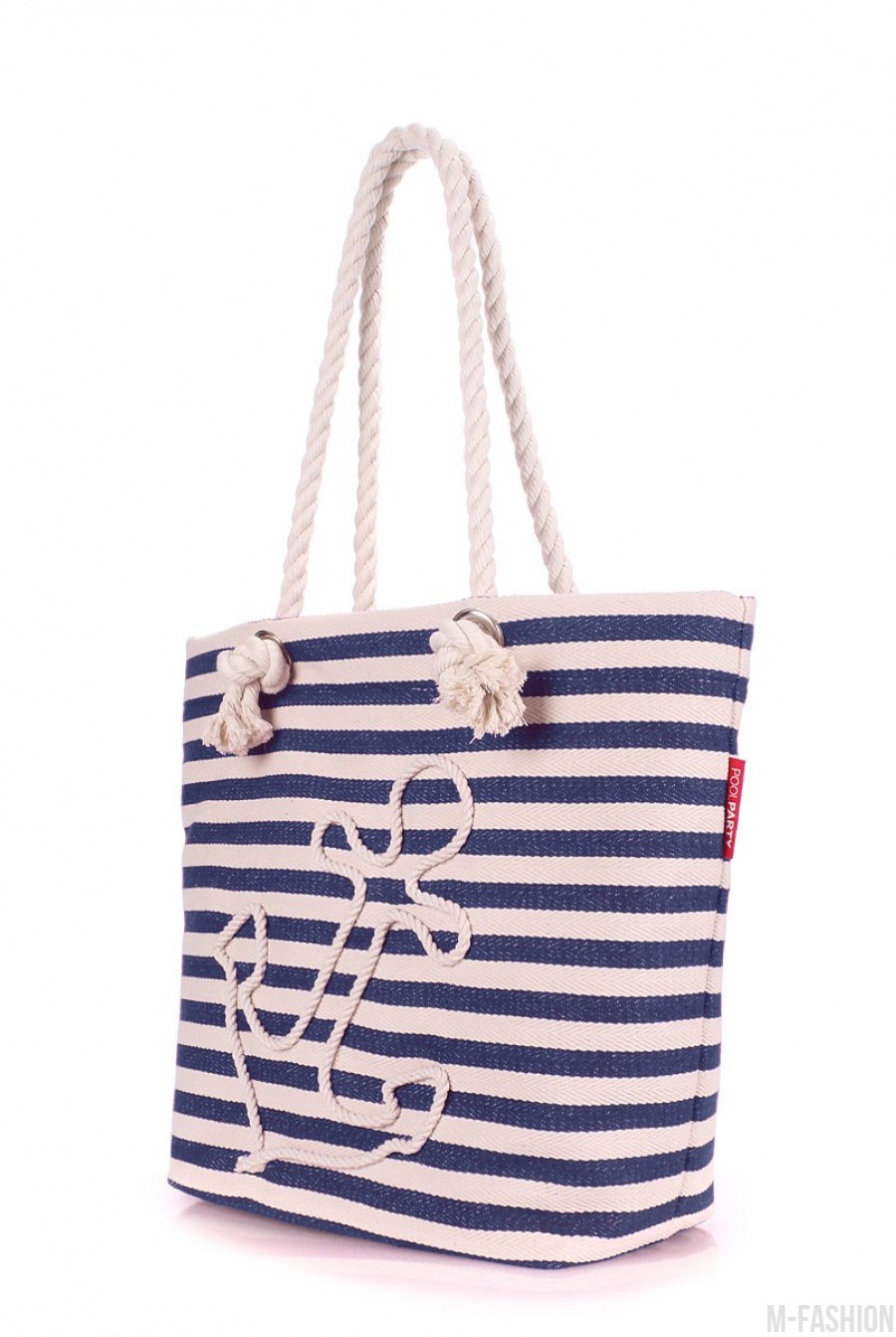 Сине-белая сумка из коттона с декоративным шнурком- Фото 2