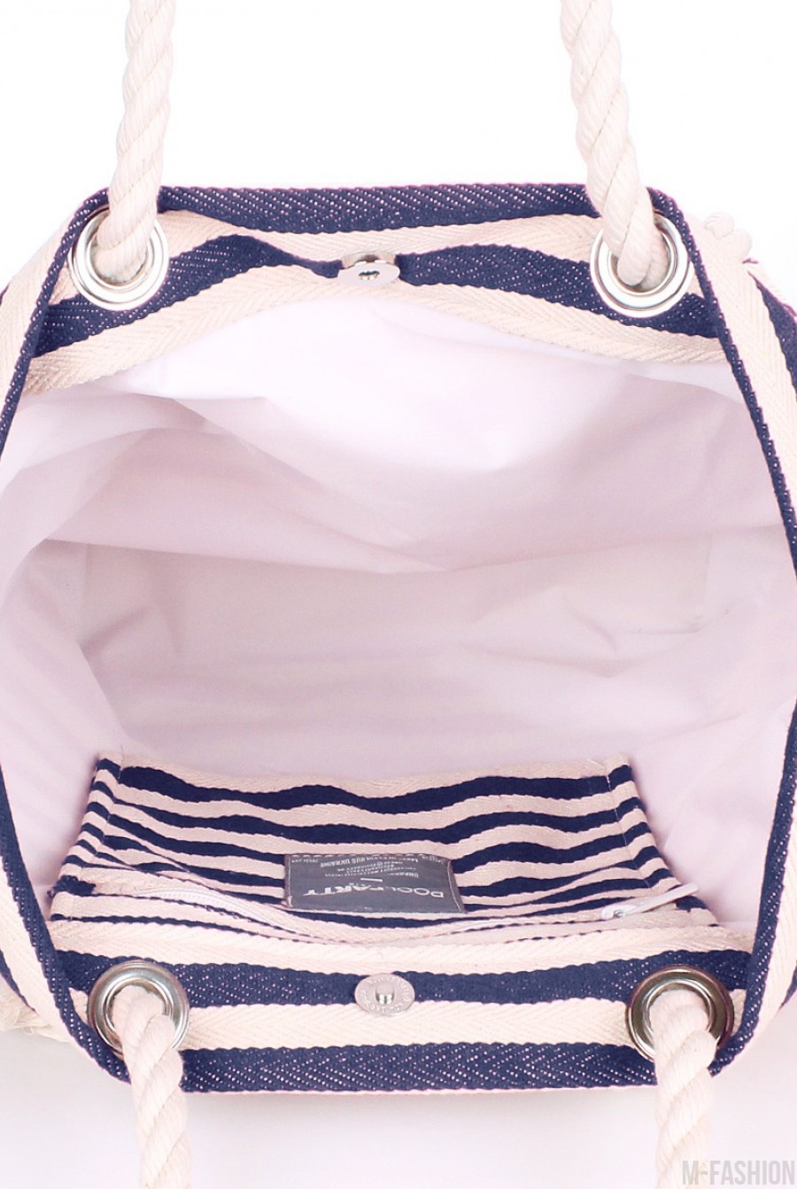 Сине-белая сумка из коттона с декоративным шнурком- Фото 3