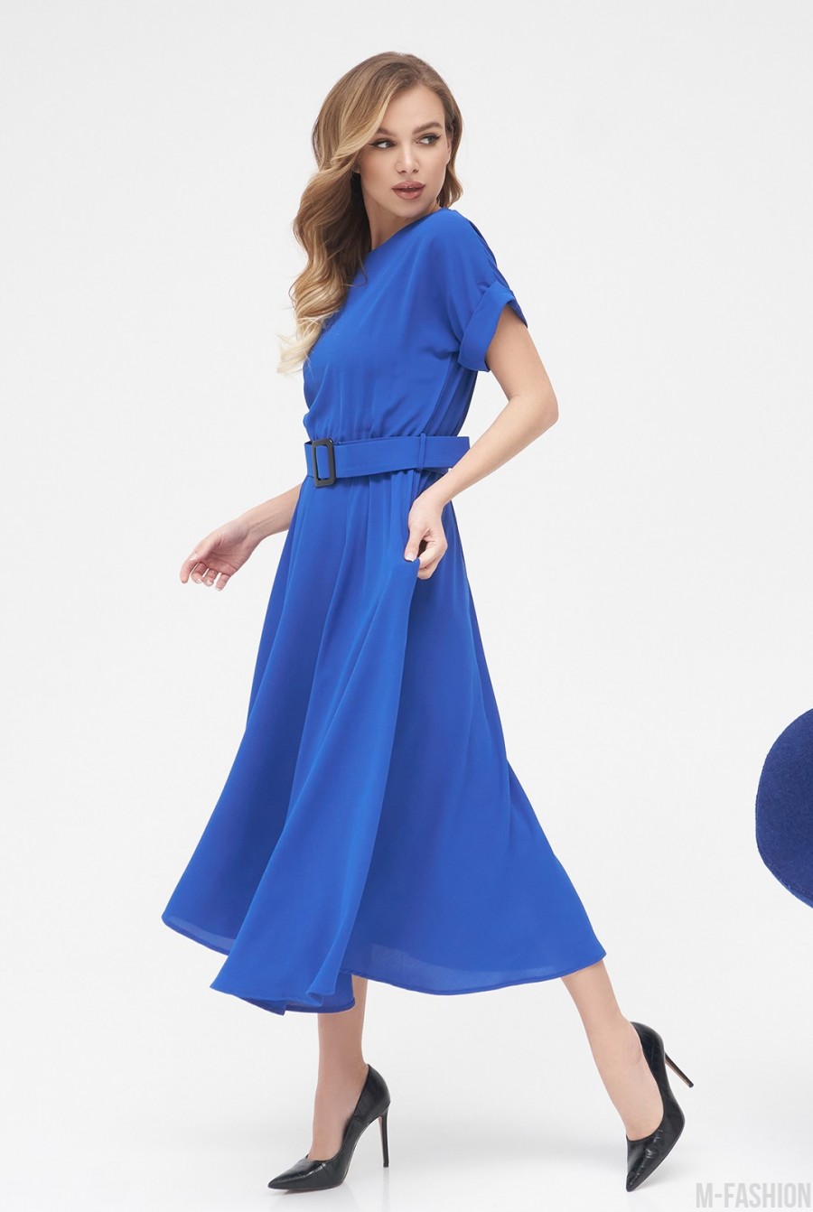 Синее классическое платье с расклешенным низом- Фото 2