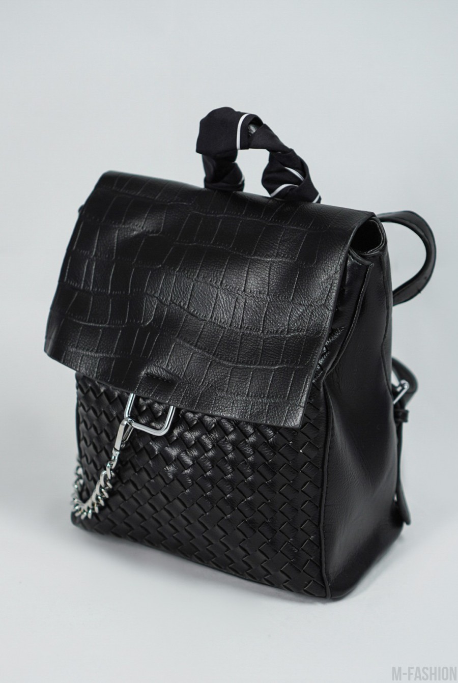 Черный городской рюкзак из плетеной эко-кожи- Фото 3