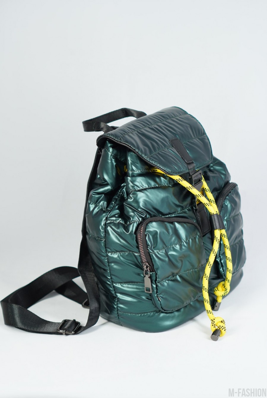 Зеленый болоньевый стеганый рюкзак с карманами- Фото 2