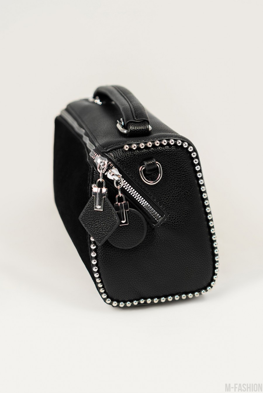 Черный кожаный чемоданчик с замшевой вставкой- Фото 3