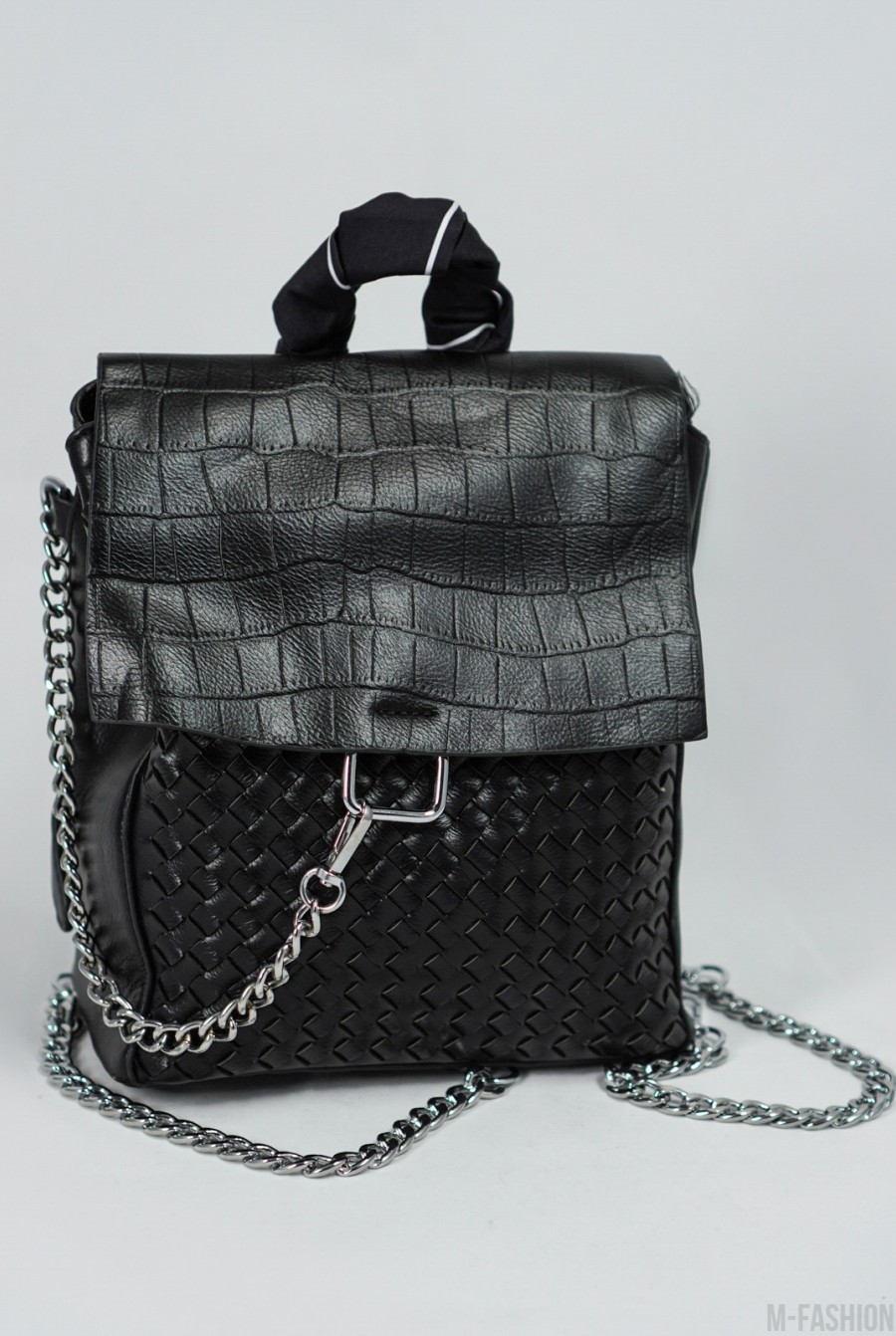 Черный городской рюкзак из плетеной эко-кожи - Фото 1