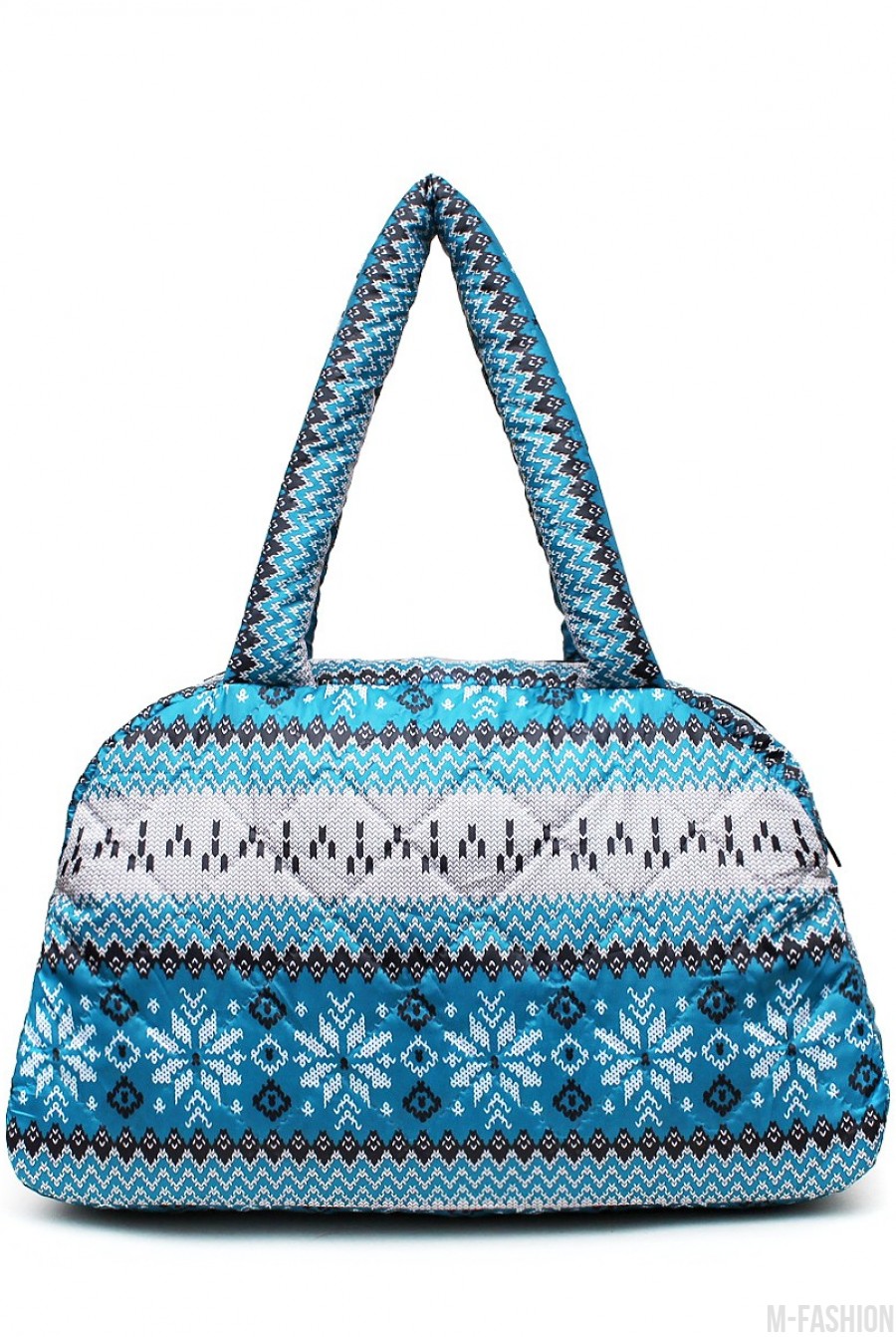 Голубая сумка-саквояж из болоньи с северным орнаментом - Фото 1
