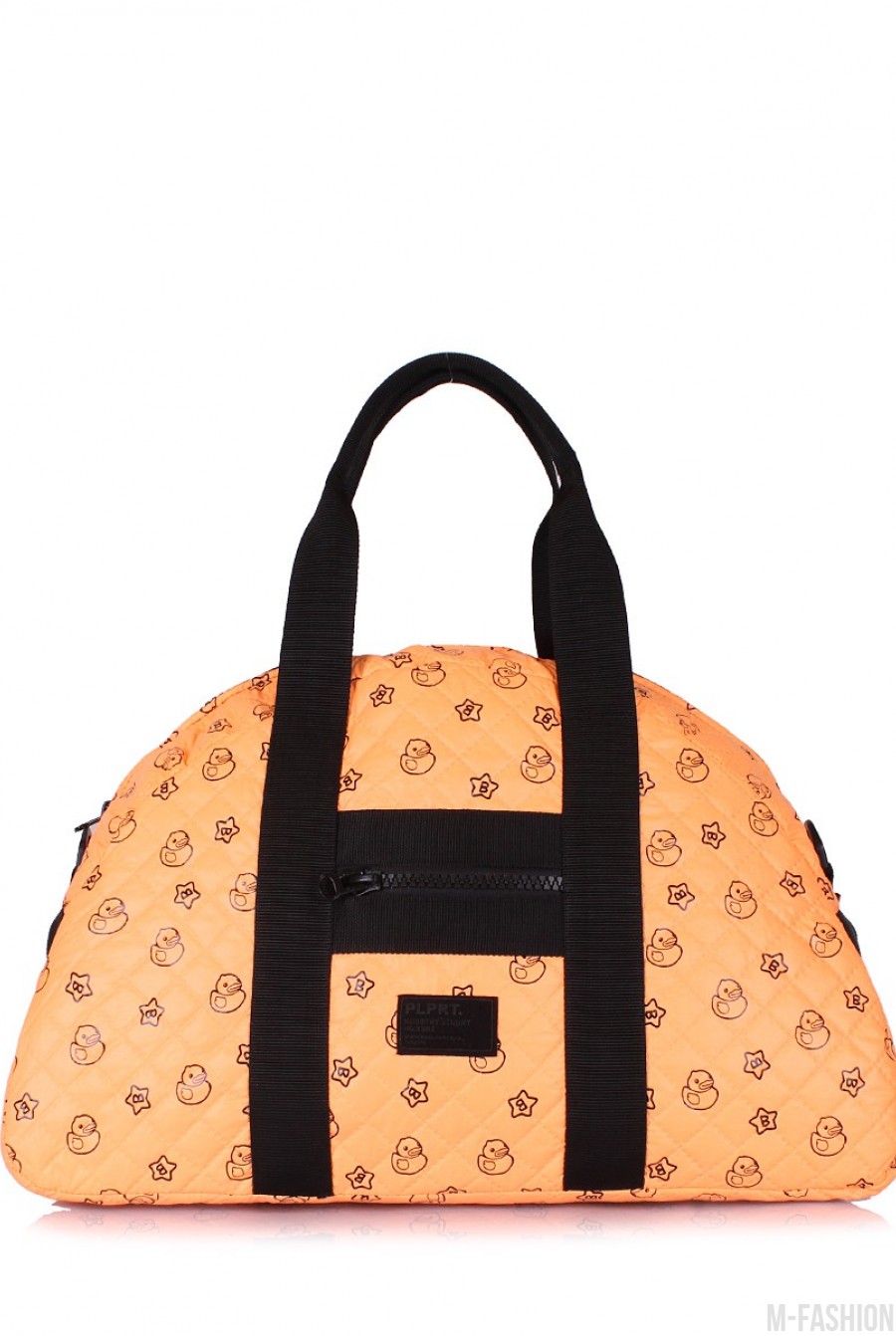 Стеганая дорожная сумка с оранжевой расцветкой и позитивным принтом - Фото 1