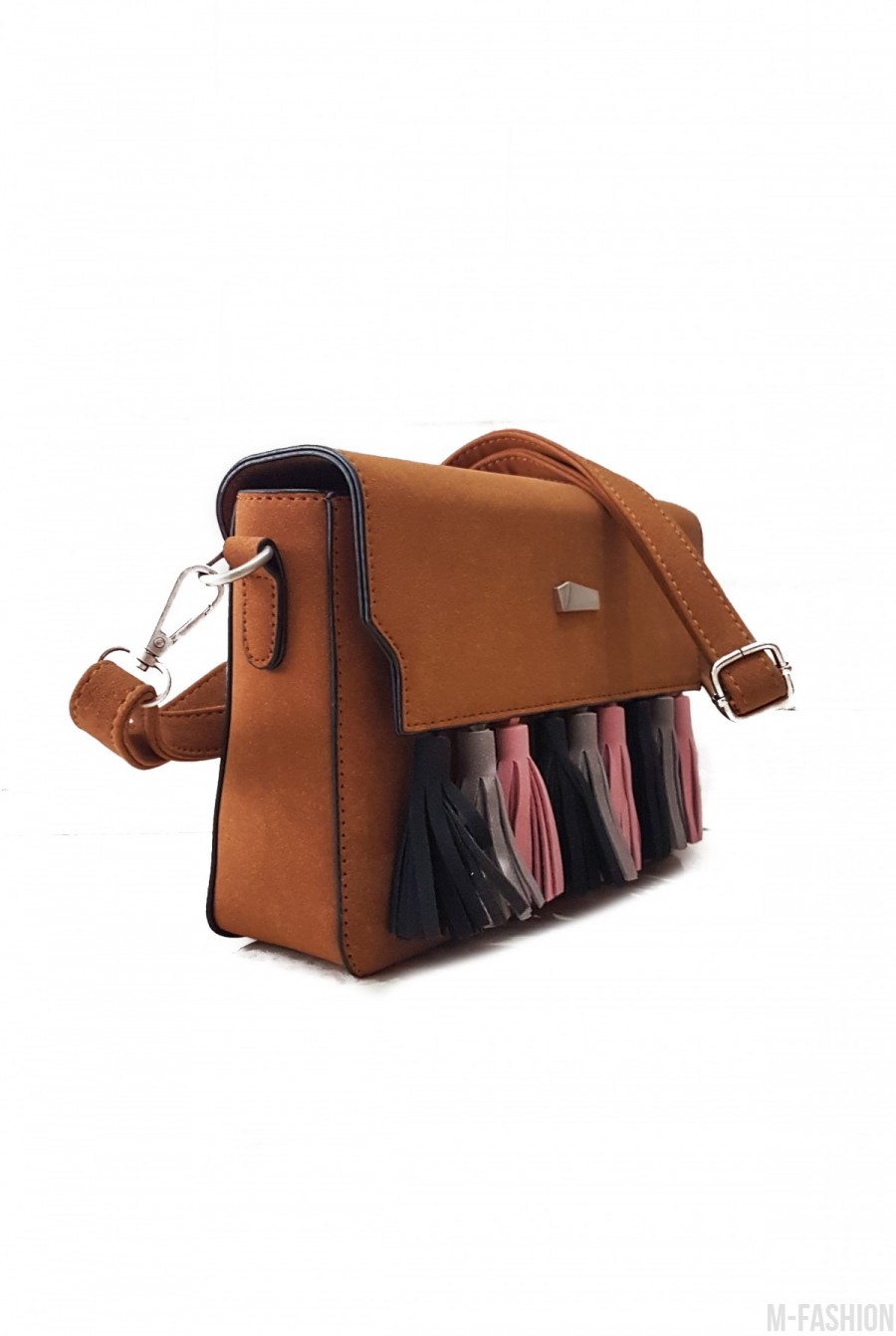 Коричневая женская сумочка-клатч с цветными кистями- Фото 3