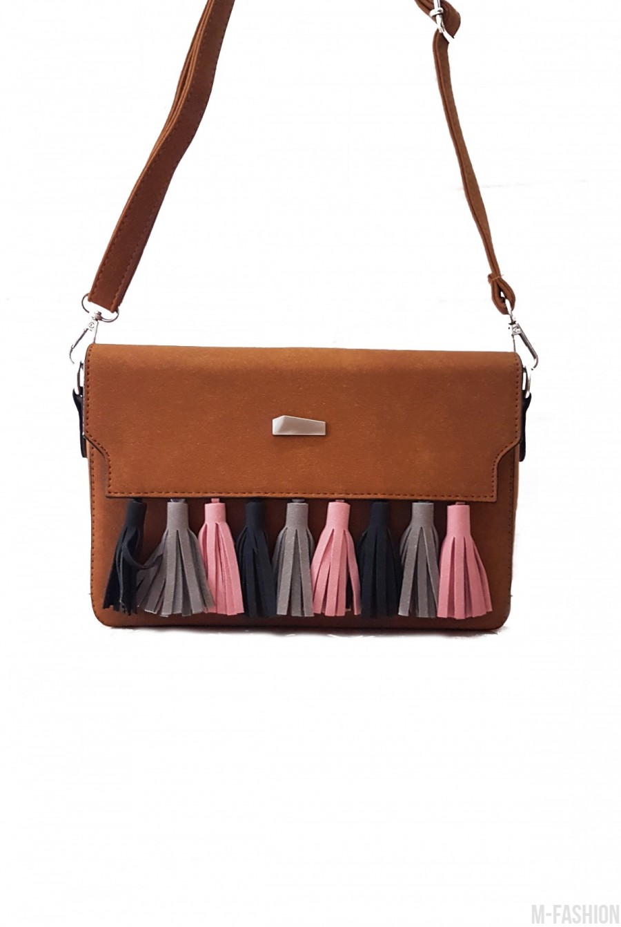 Коричневая женская сумочка-клатч с цветными кистями- Фото 4