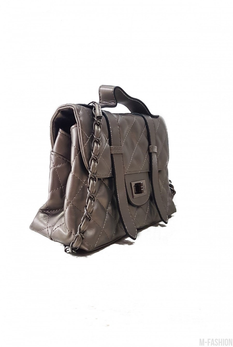 Серая сумочка в стиле ретро из прошитой эко-кожи на тонком ремешке- Фото 3