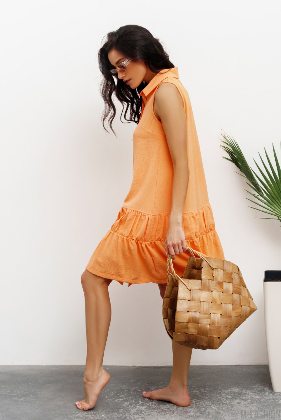 Оранжевое платье-рубашка с воланами- Фото 2