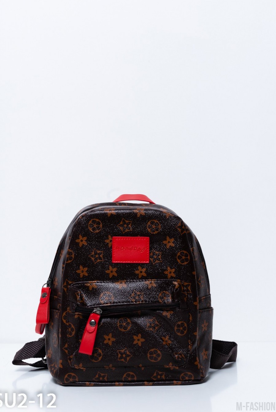Коричневый рюкзак с принтом и красными вставками - Фото 1