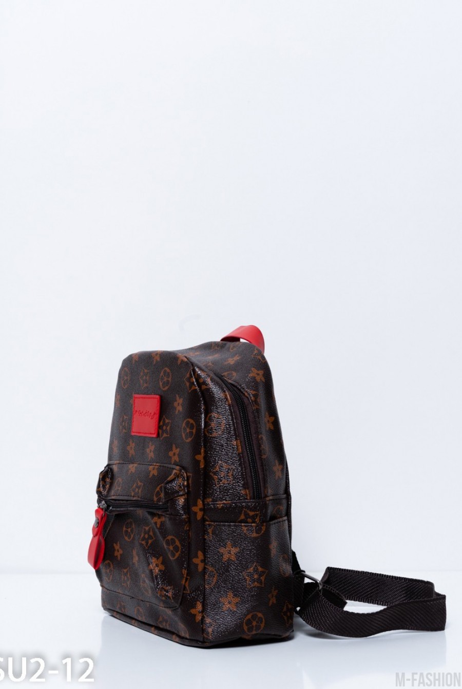 Коричневый рюкзак с принтом и красными вставками- Фото 2