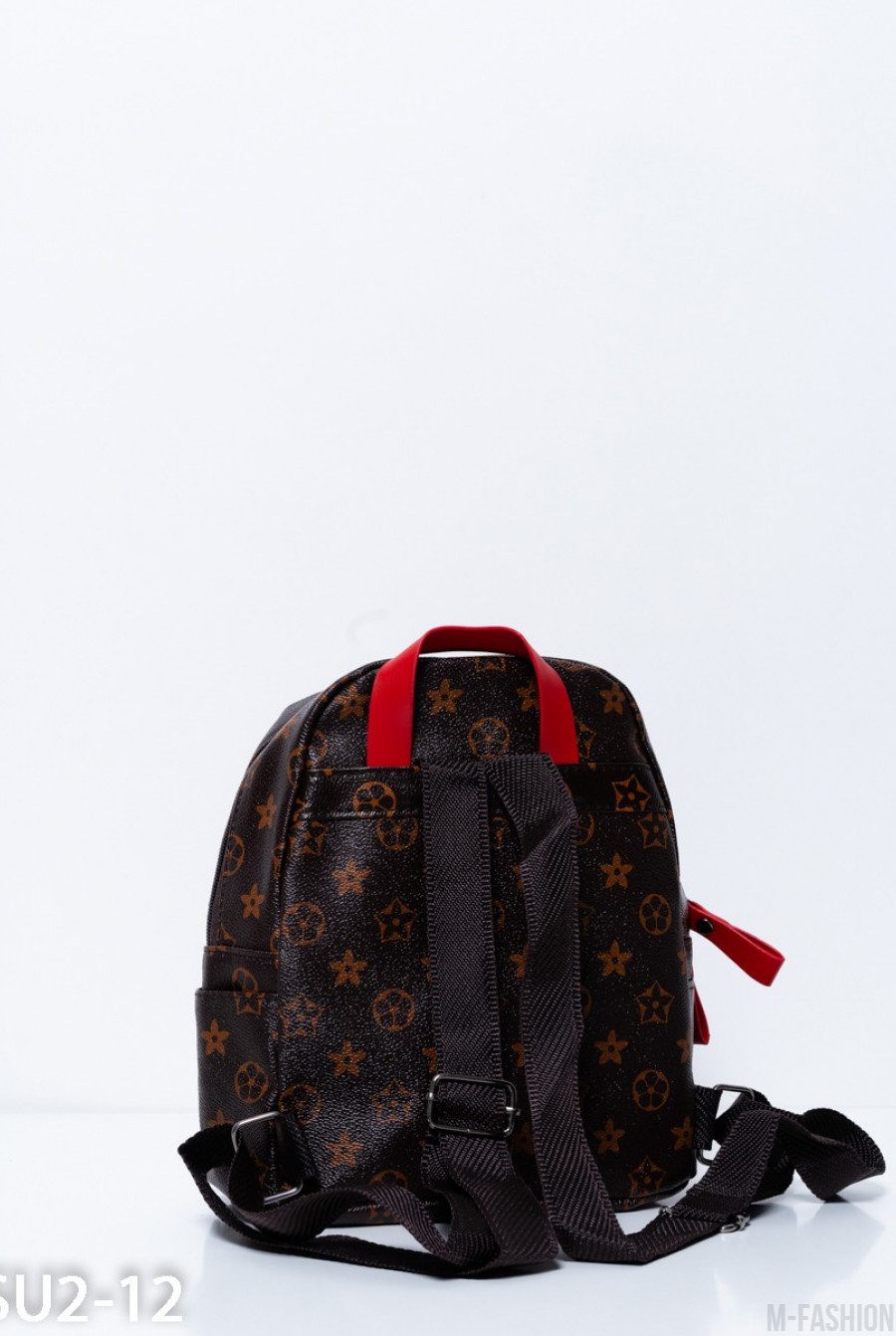 Коричневый рюкзак с принтом и красными вставками- Фото 3