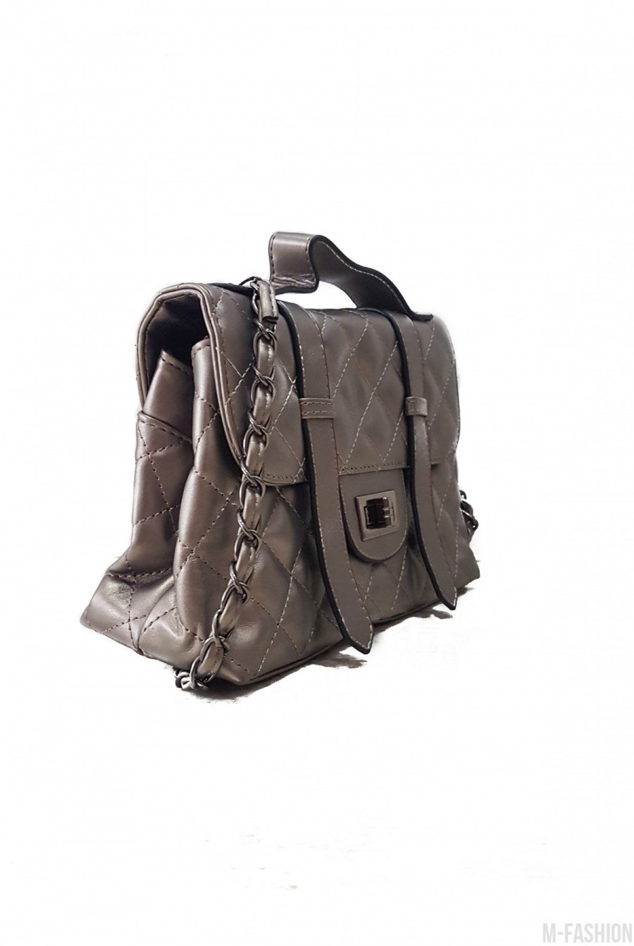 Серая сумочка в стиле ретро из прошитой эко-кожи на тонком ремешке- Фото 2