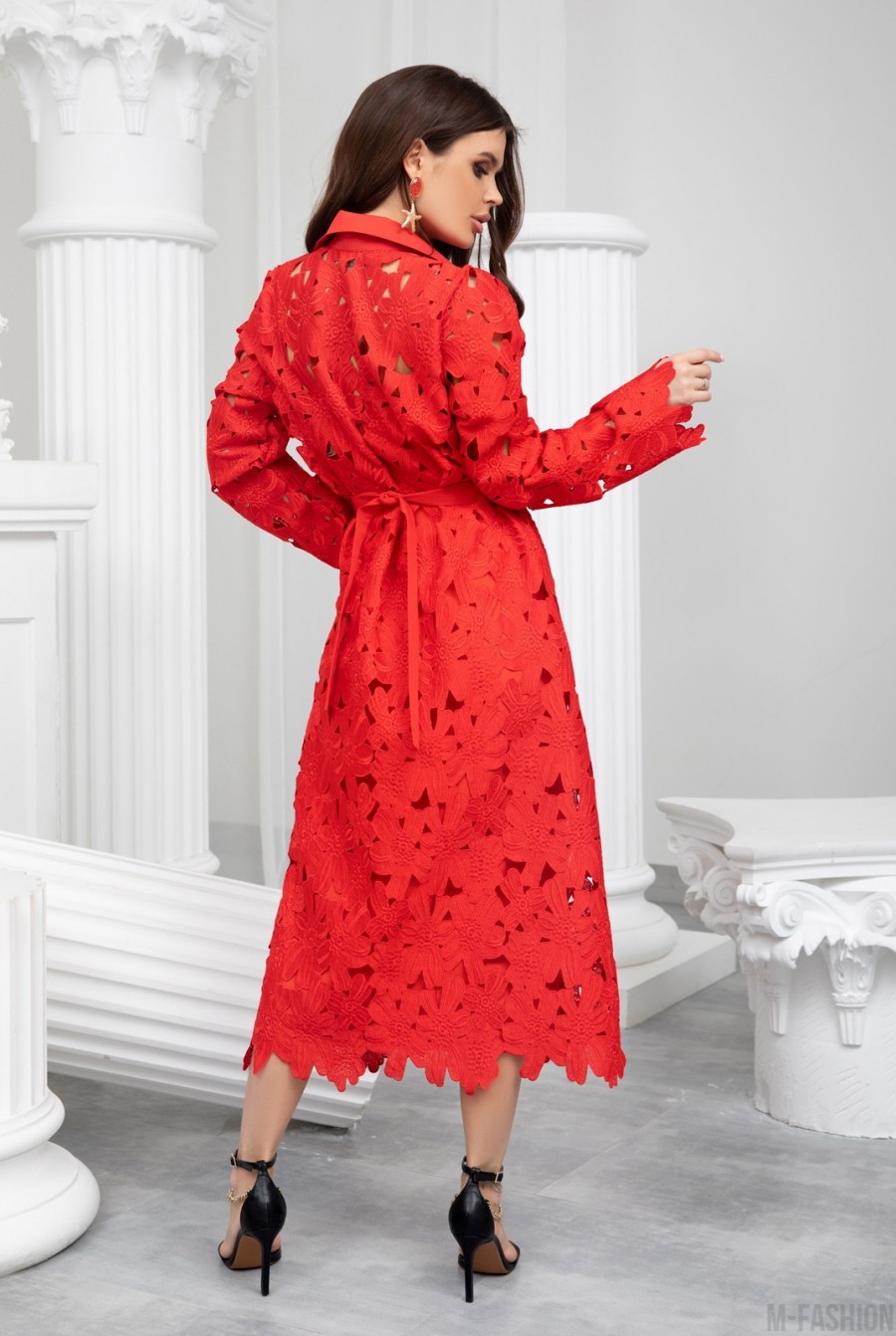 Красное кружевное платье-рубашка- Фото 3