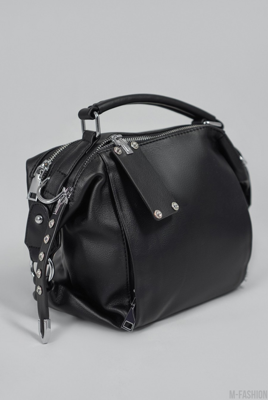 Черная кожаная сумка с карманами на молниях- Фото 2