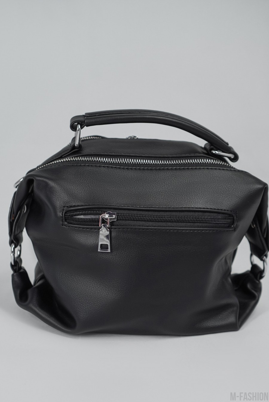 Черная кожаная сумка с карманами на молниях- Фото 3