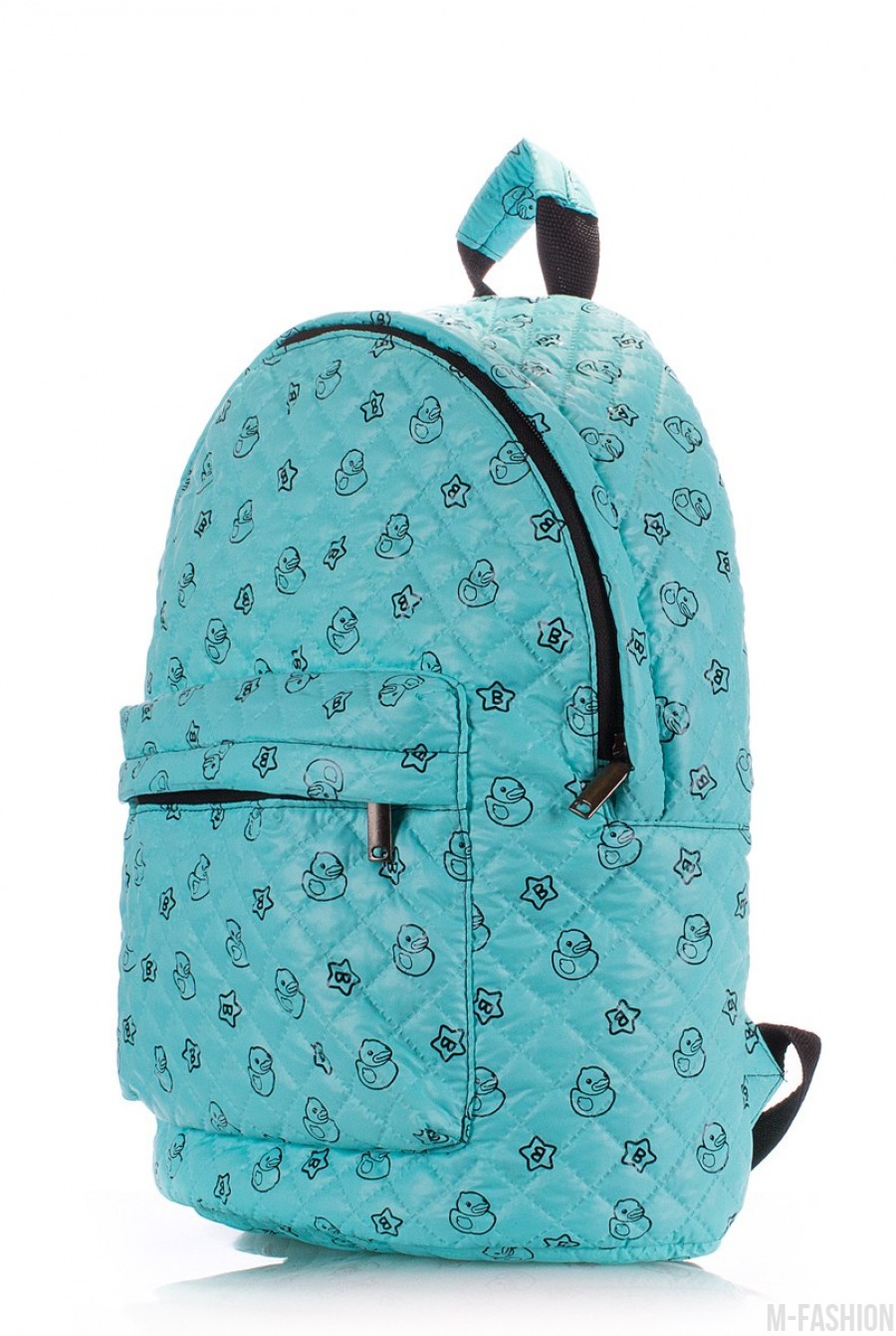 Голубой мини-рюкзак из ткани с модным и ярким принтом- Фото 2