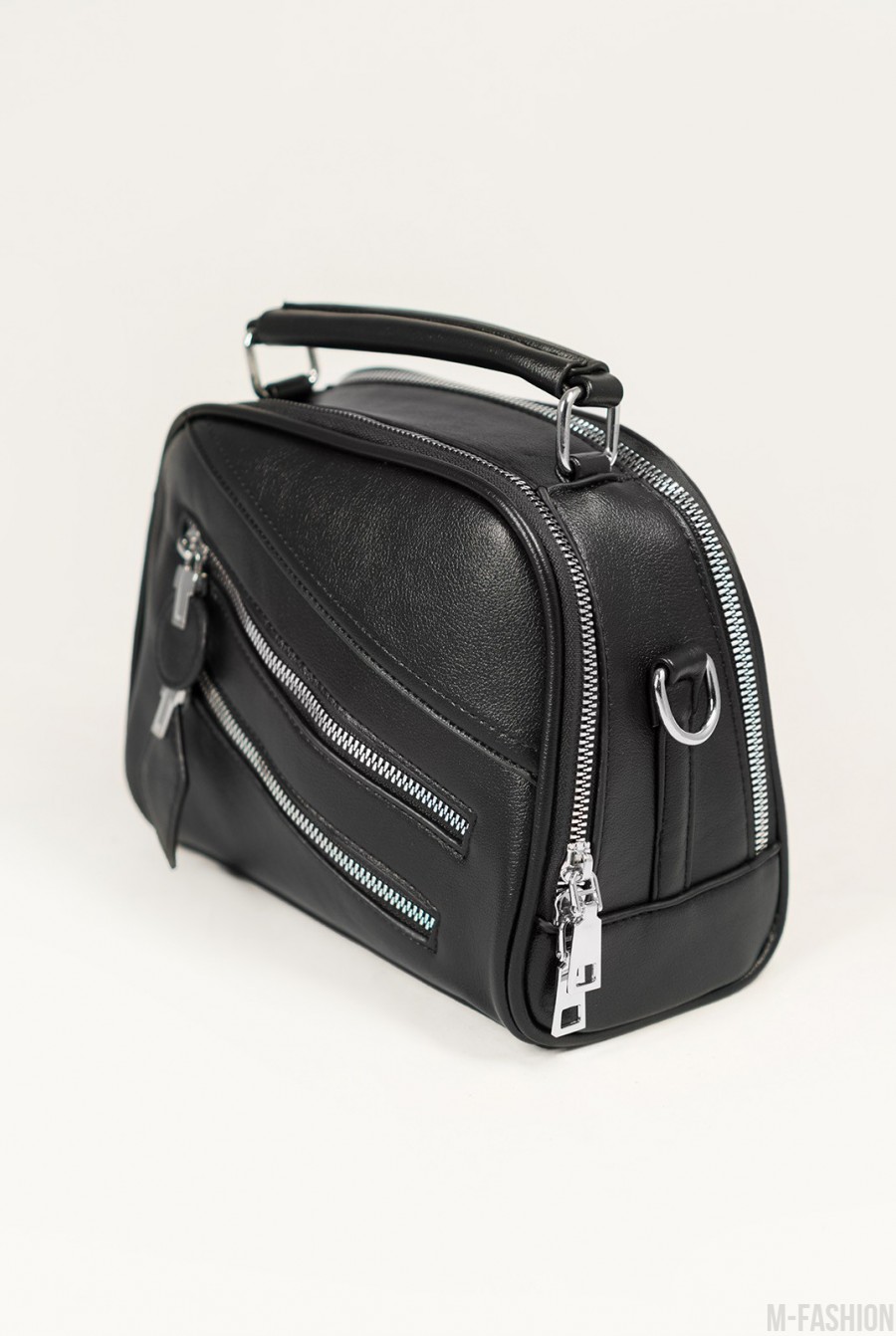 Черная кожаная сумка-чемоданчик с молниями- Фото 2