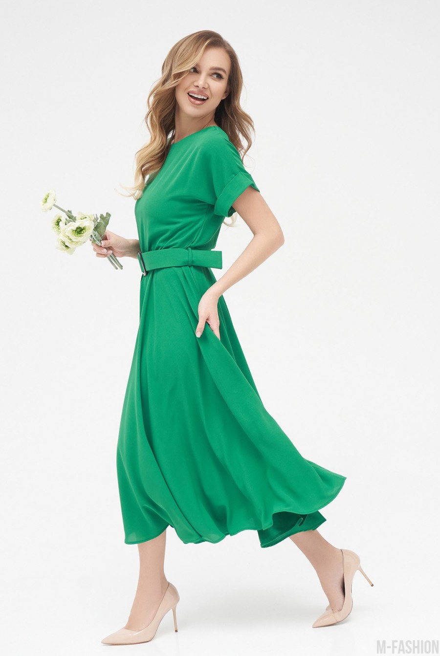 Зеленое классическое платье с расклешенным низом- Фото 2