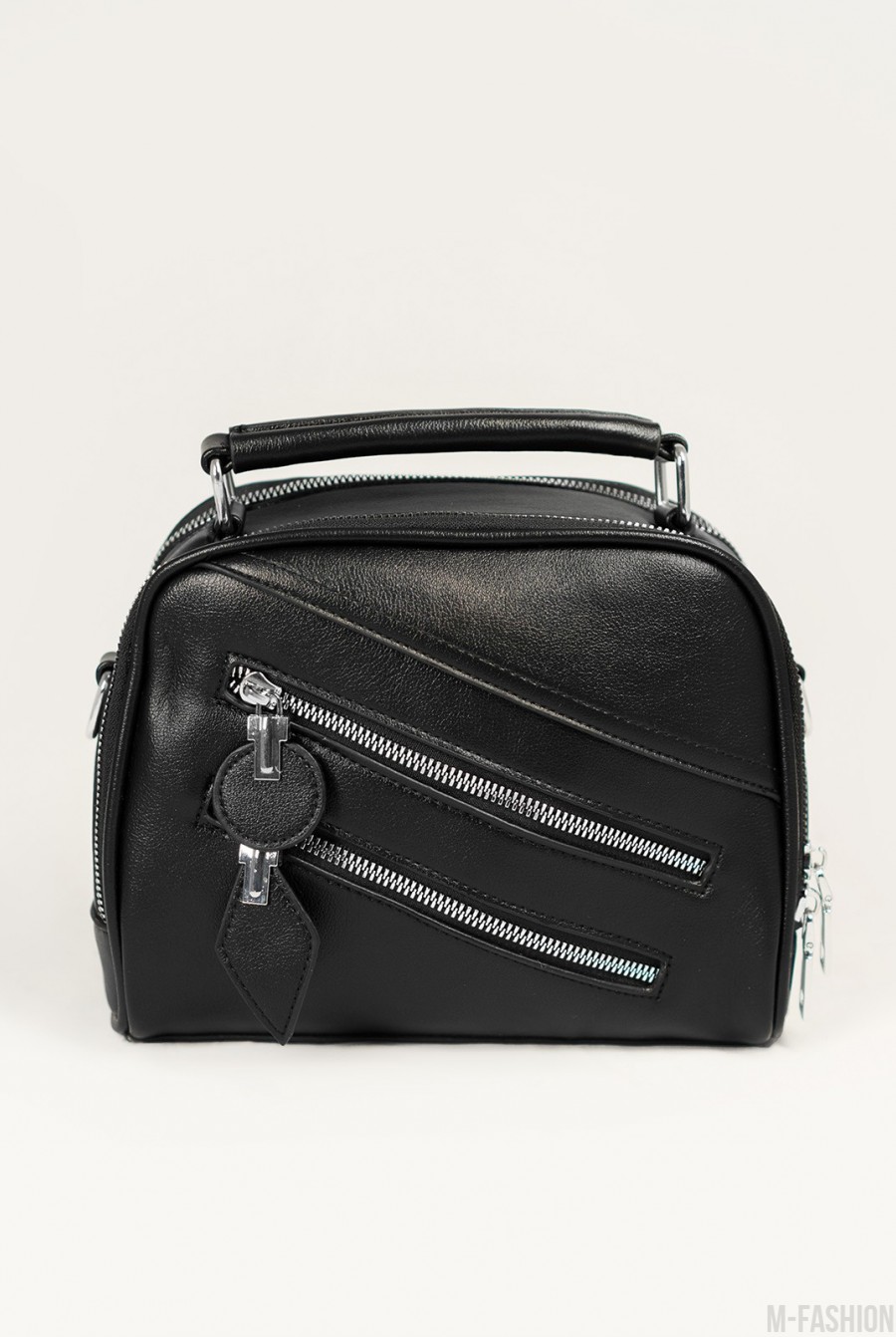 Черная кожаная сумка-чемоданчик с молниями - Фото 1