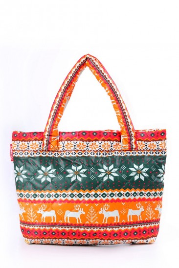 Дутая оранжевая сумка с принтом оленями и удобными ручками
