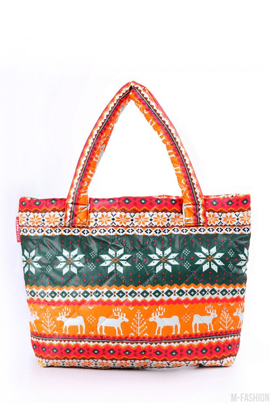 Дутая оранжевая сумка с принтом оленями и удобными ручками - Фото 1