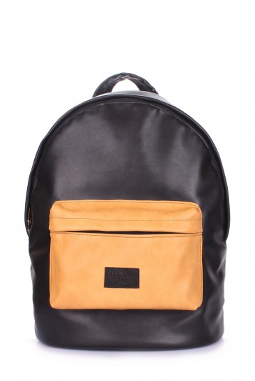 Черный кожаный рюкзак с оригинальным желтым накладным карманом