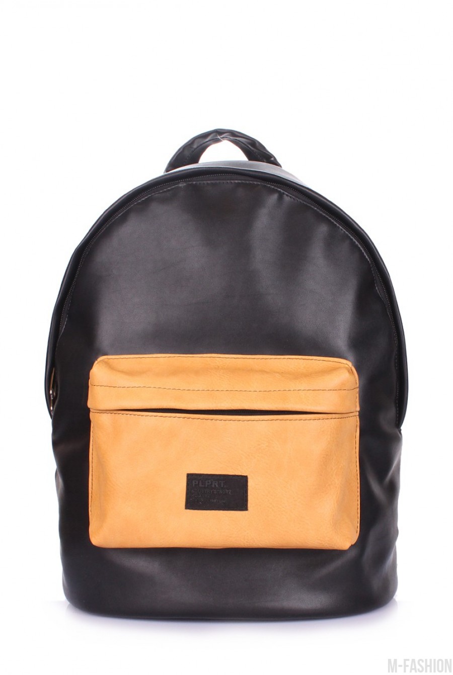 Черный кожаный рюкзак с оригинальным желтым накладным карманом - Фото 1