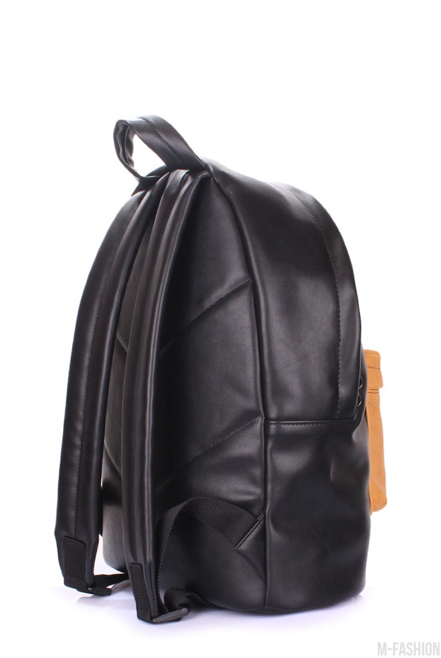 Черный кожаный рюкзак с оригинальным желтым накладным карманом- Фото 3