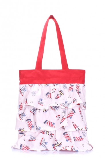 Бело-красная сумка из котона с декоративными рюшами