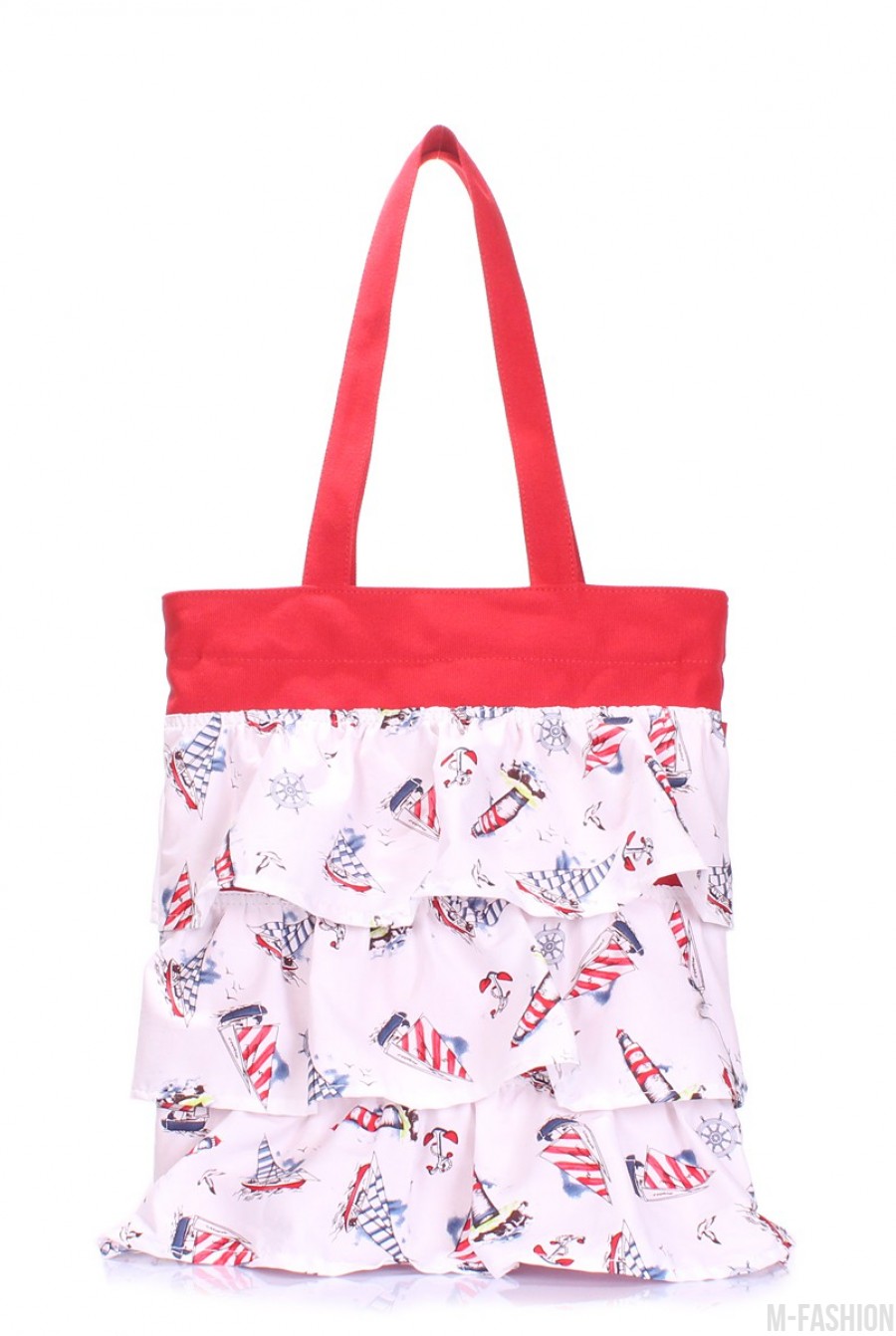 Бело-красная сумка из котона с декоративными рюшами - Фото 1