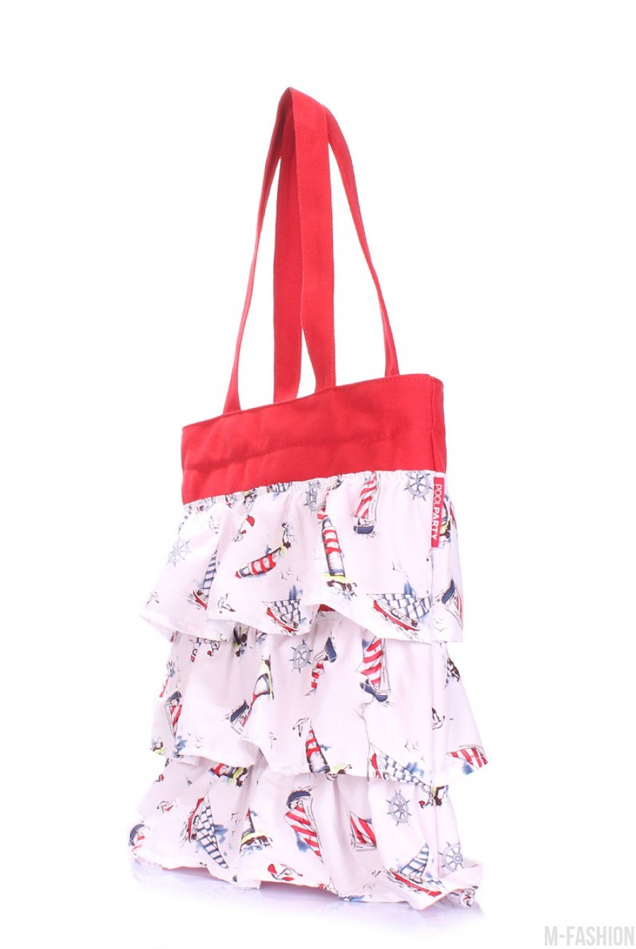 Бело-красная сумка из котона с декоративными рюшами- Фото 2