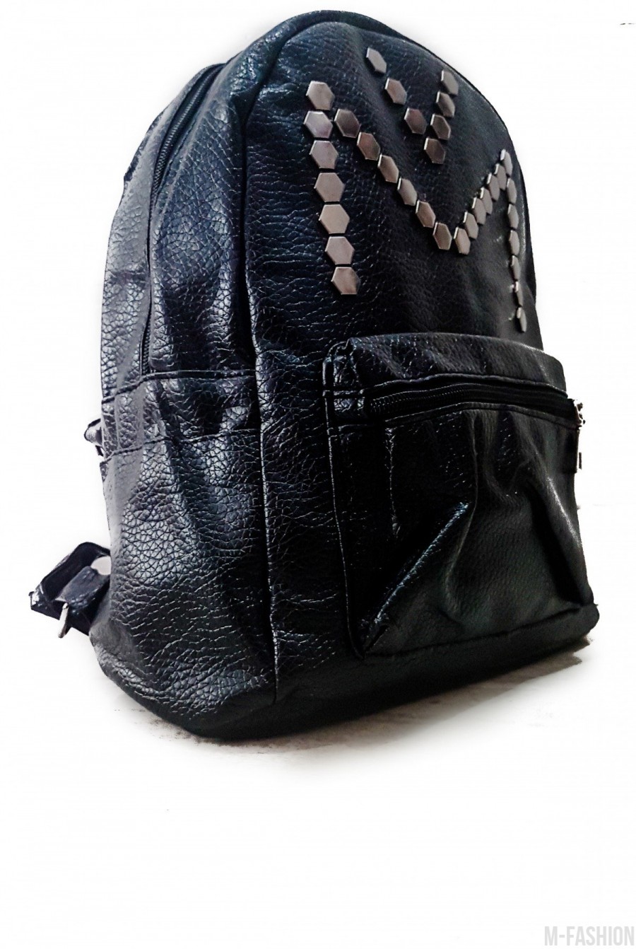 Черный рюкзак из фактурной эко-кожи с фурнитурой-сотами- Фото 2