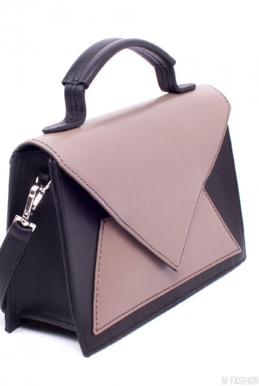 Оригинальная черно-бежевая сумочка из натуральной кожи- Фото 3