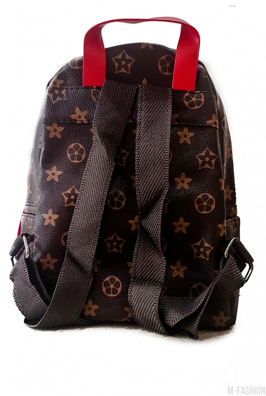 Коричневый рюкзак со светлым рисунком и красными деталями- Фото 5