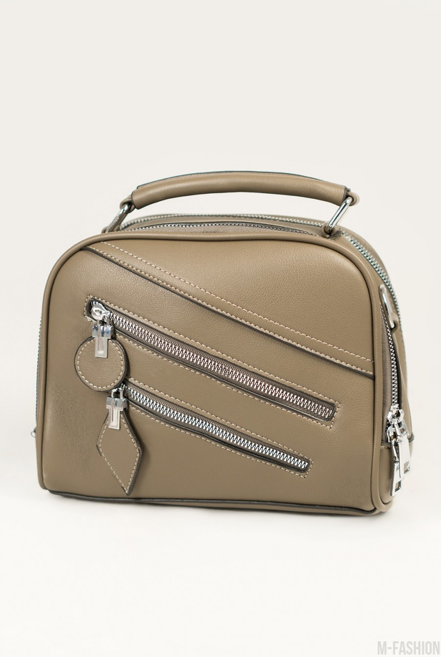 Серая кожаная сумка-чемоданчик с молниями - Фото 1