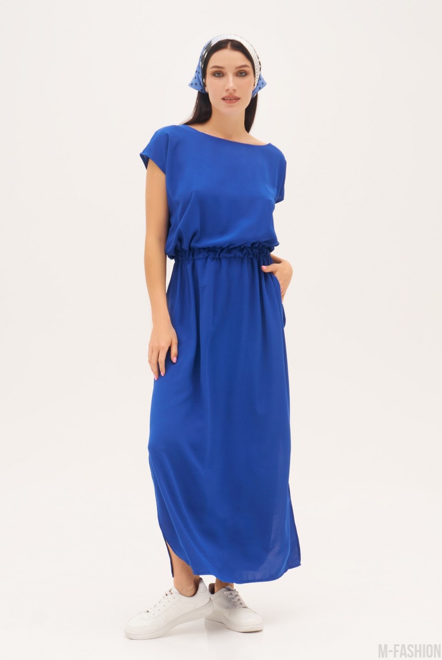 Синее коттоновое платье с фигурным вырезом спинки - Фото 1