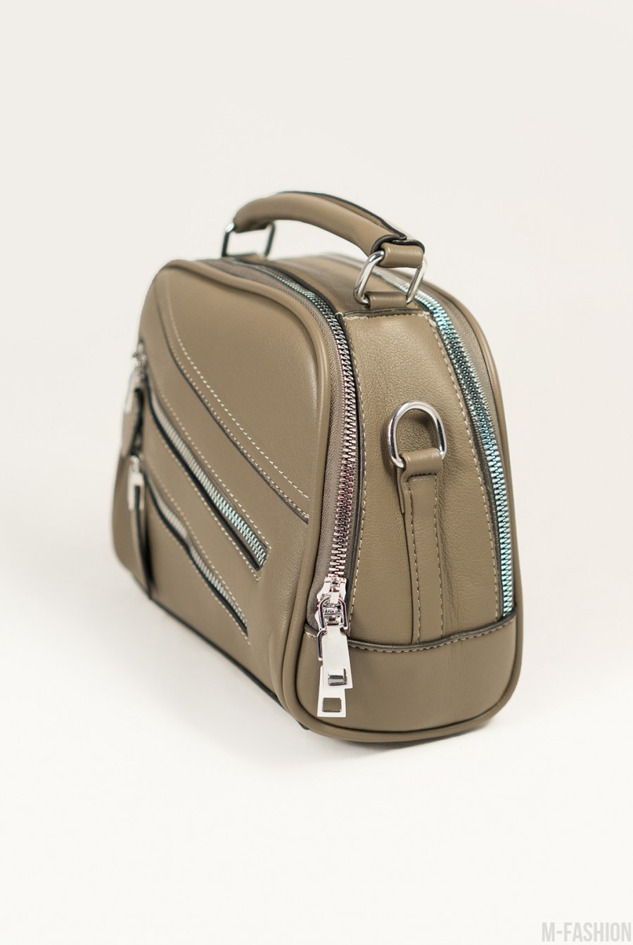 Серая кожаная сумка-чемоданчик с молниями- Фото 2